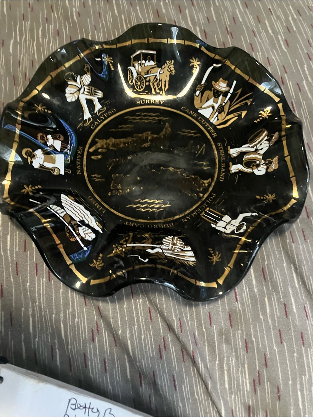 Vintage 1950’s Black Bent Glass Souvenir Ashtray/Trinket Dish From The Virgin Is